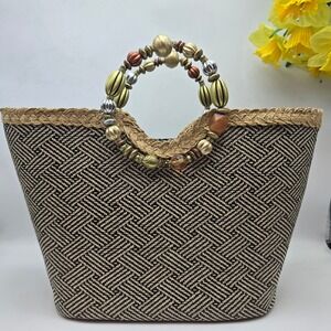 Cappelli Straworld Woven Tote Summer Bag Black Tan Chevron Beaded Handle Purse